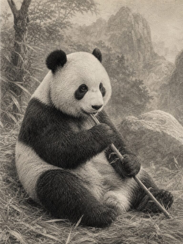 Realistic pencil drawing of a seated panda holding bamboo in a misty mountain forest