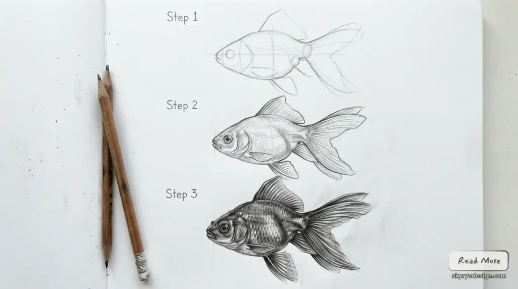 Create_a_realistic_pencil_drawing_202605221619 Goldfish pencil drawing tutorial: three-step sketch in a sketchbook with two pencils, labeled Step 1–3. | Sky Rye Design Goldfish pencil drawing tutorial: three-step sketch in a sketchbook with two pencils, labeled Step 1–3.