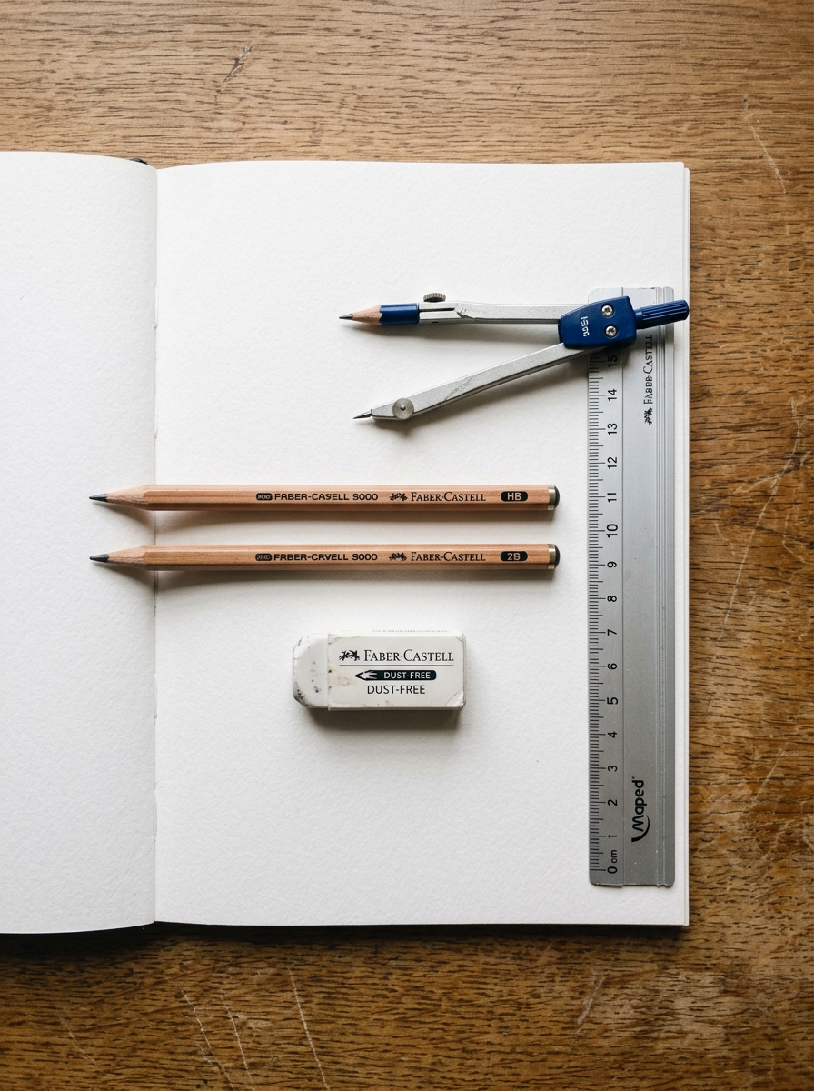 Flat lay of beginner drawing supplies on white sketchbook HB pencil 2B Flat-lay drawing supplies: open sketchbook with pencils, compass, metal ruler and Faber-Castell eraser on wooden desk | Sky Rye Design Flat lay of beginner drawing supplies on white sketchbook HB pencil 2B