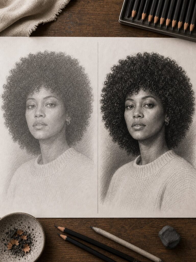 flat-vs-deep-value-portrait-comparison Realistic pencil portrait diptych of a Black woman with an afro in a sweater, art supplies and pencils on wooden table | Sky Rye Design Realistic pencil portrait diptych of a Black woman with an afro in a sweater, art supplies and pencils on wooden table