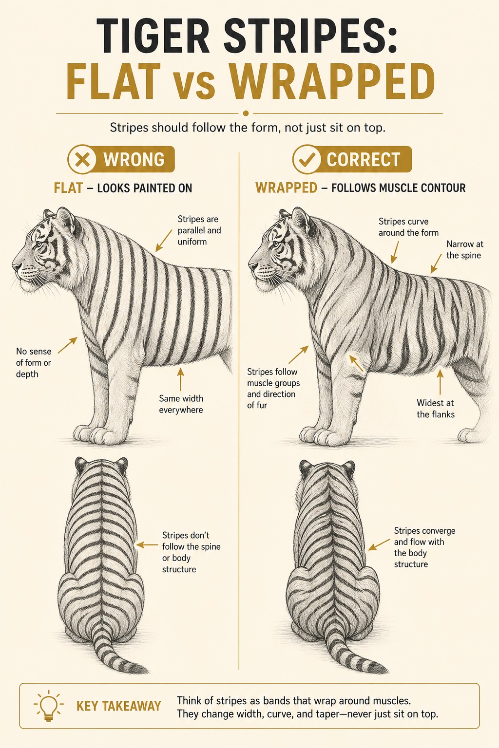 Infographic comparing flat tiger stripes with stripes that wrap around the body form.