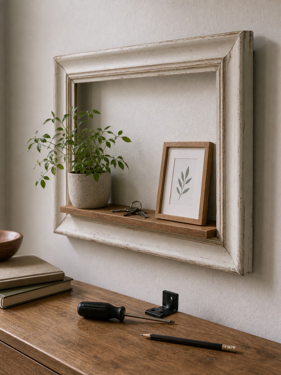 Floating frame shelf with small plant, keys, and framed botanical print