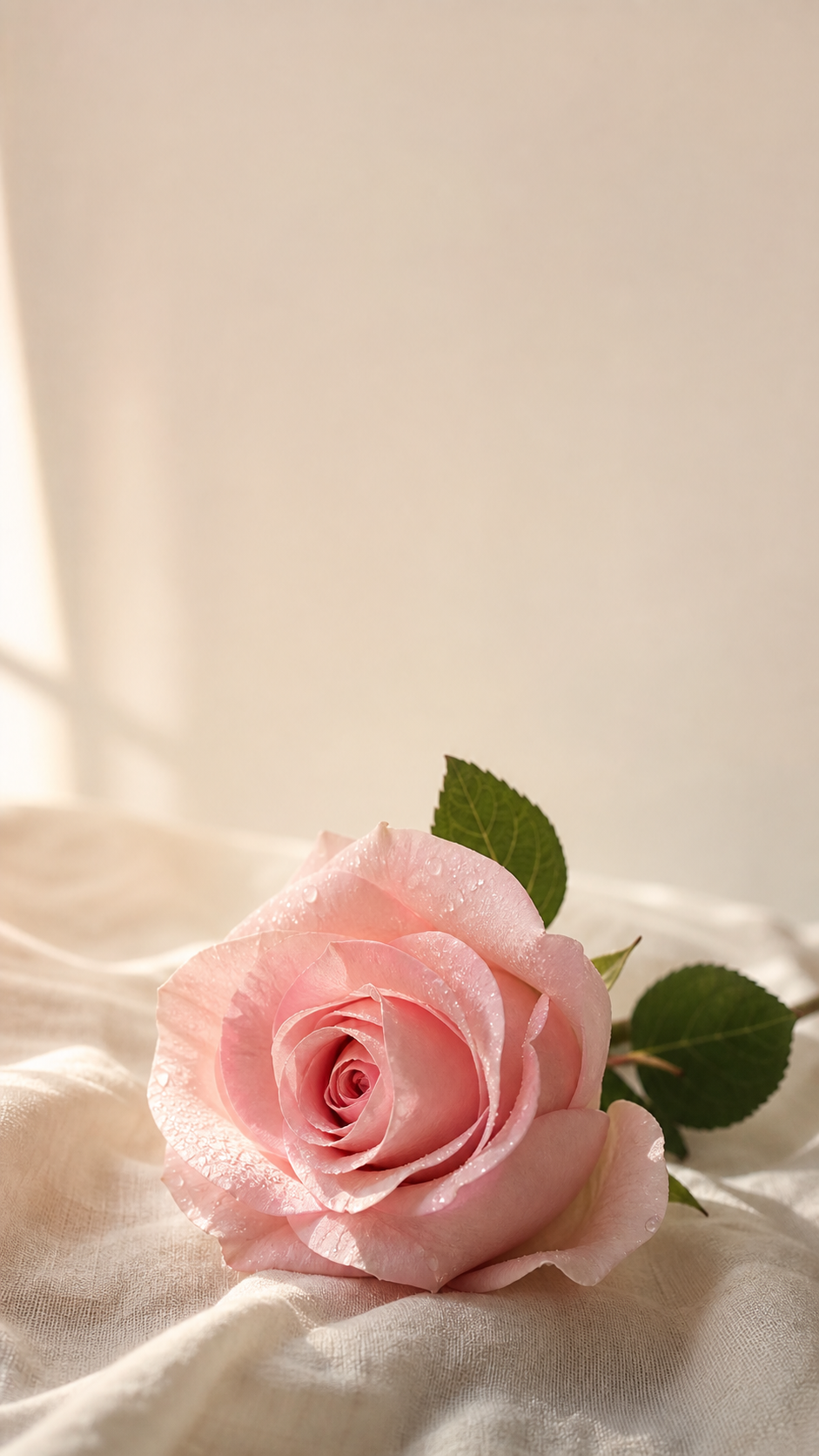 Floral wallpaper estetik HD with a pink rose, dew, and soft linen background.