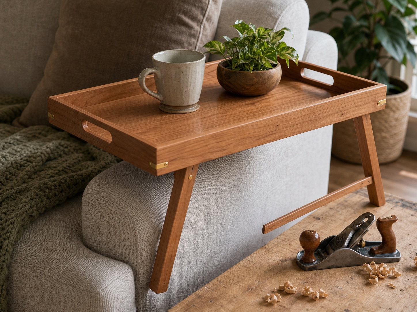 Wooden tray table with folding legs and brass hinges