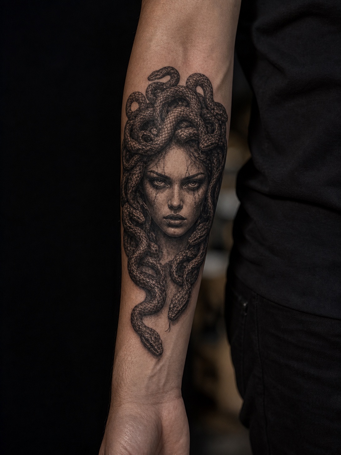 Visible forearm Medusa tattoo with a direct protective gaze.