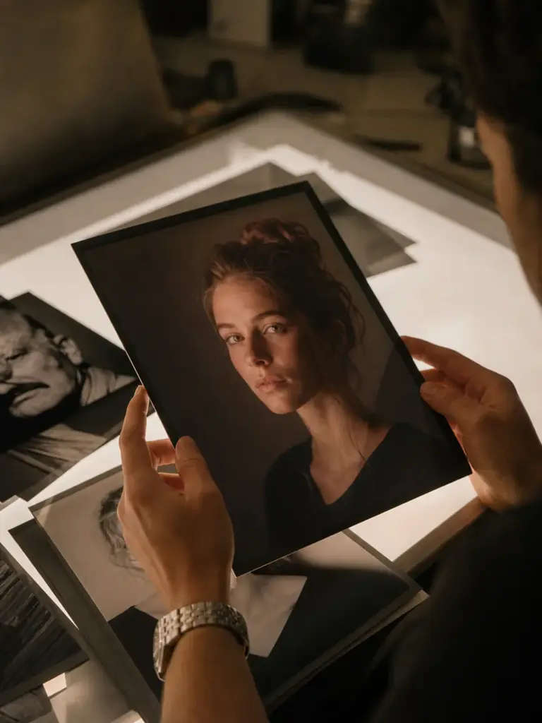 Photographer holding portrait print of young woman on lightbox, reviewing studio headshot photos