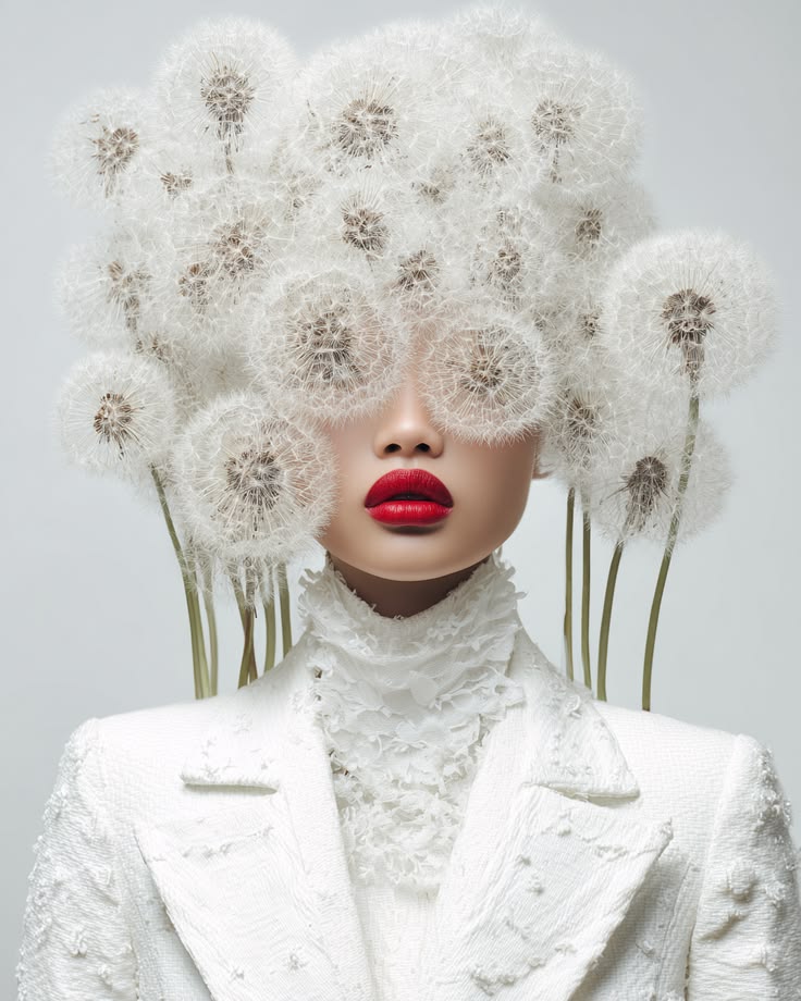 High-fashion portrait of model in white suit wearing oversized dandelion headpiece, bold red lips