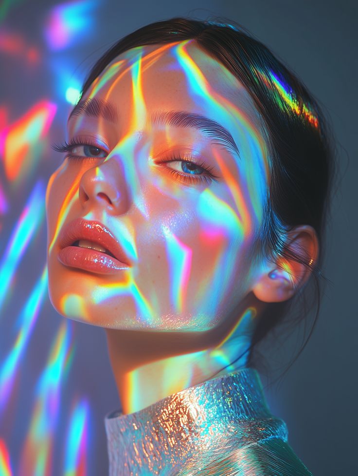 Beauty portrait of a female model with iridescent prism rainbow light patterns and glossy lips