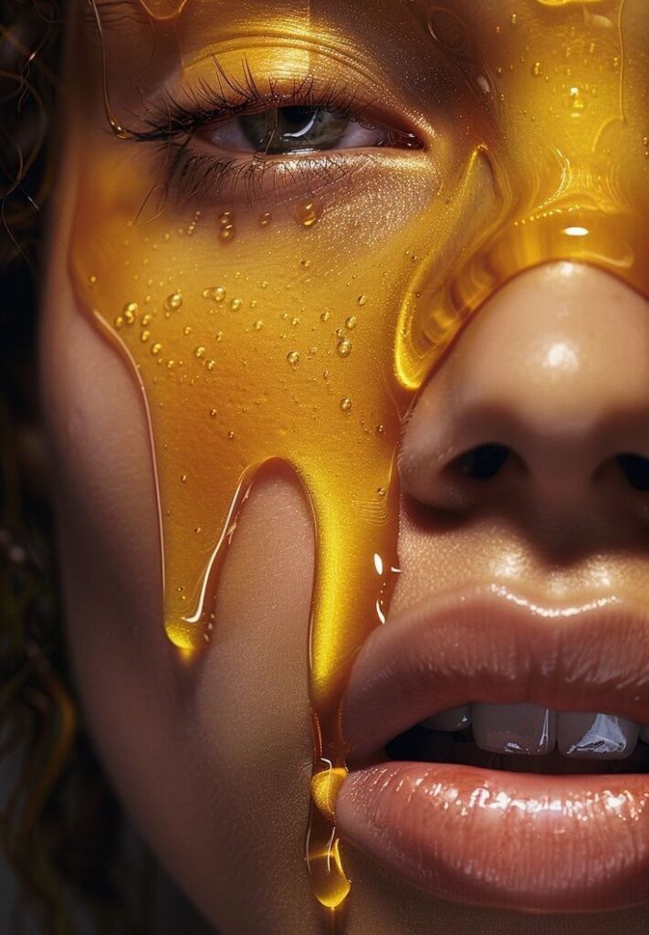 Close-up of woman's face with golden honey dripping over eye and glossy lips, beauty skincare concept