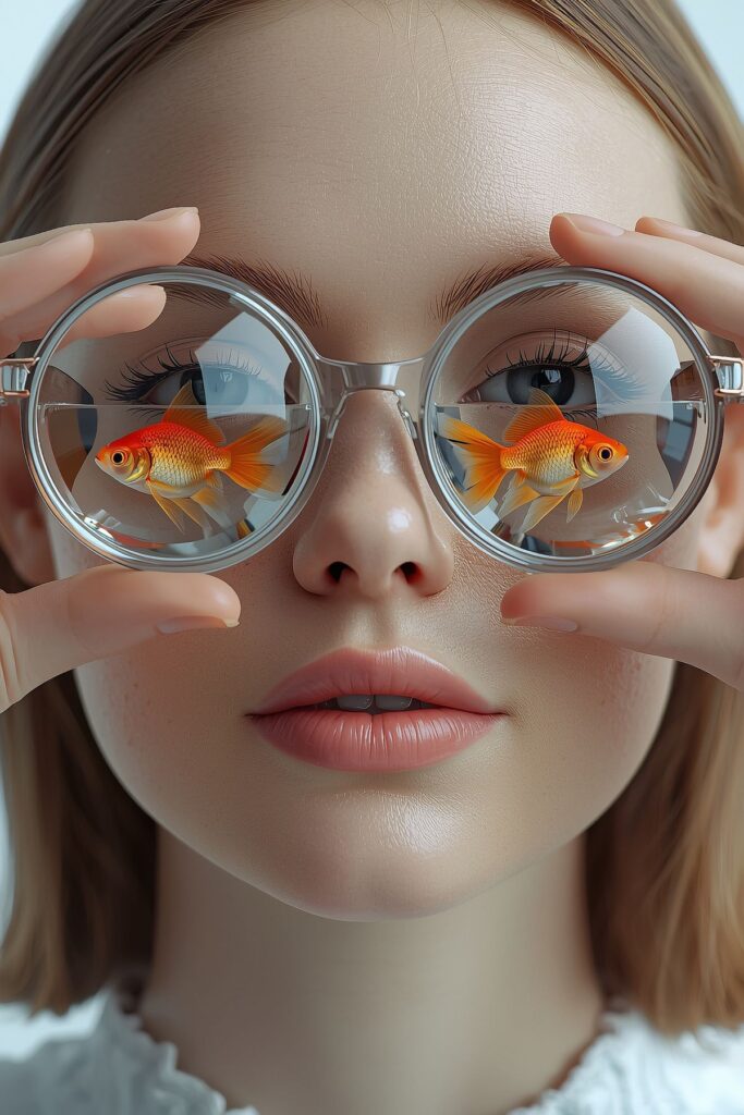 Surreal close-up of woman wearing round glasses with goldfish swimming inside lenses — artistic portrait, creative eyewear