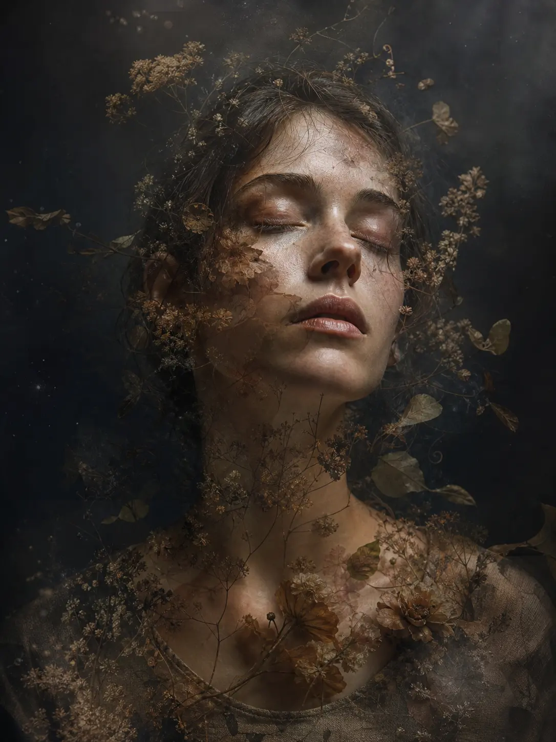 Ethereal moody double-exposure portrait of woman with closed eyes, overlaid with dried flowers and delicate foliage.