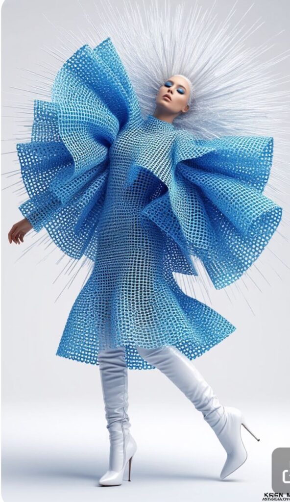 High-fashion editorial: model in sculptural blue mesh dress with spiky halo, knee-high white stiletto boots