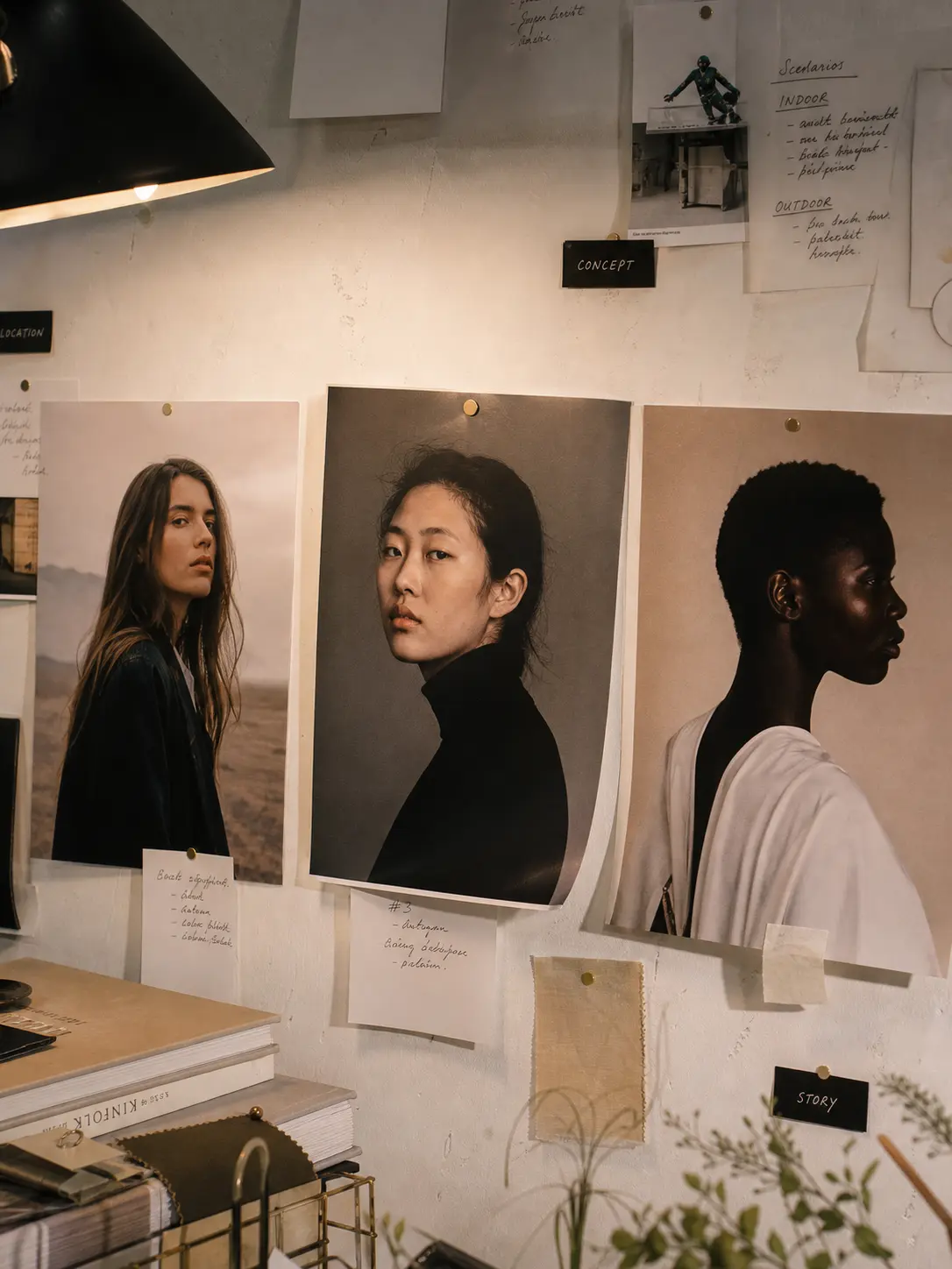 Portrait photography moodboard: three pinned portraits of diverse women on a studio wall, fashion inspiration.