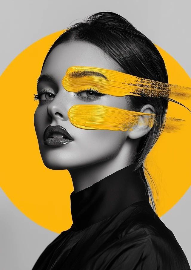 Black-and-white fashion portrait of a woman with bold yellow paint strokes across her eyes and circular yellow background