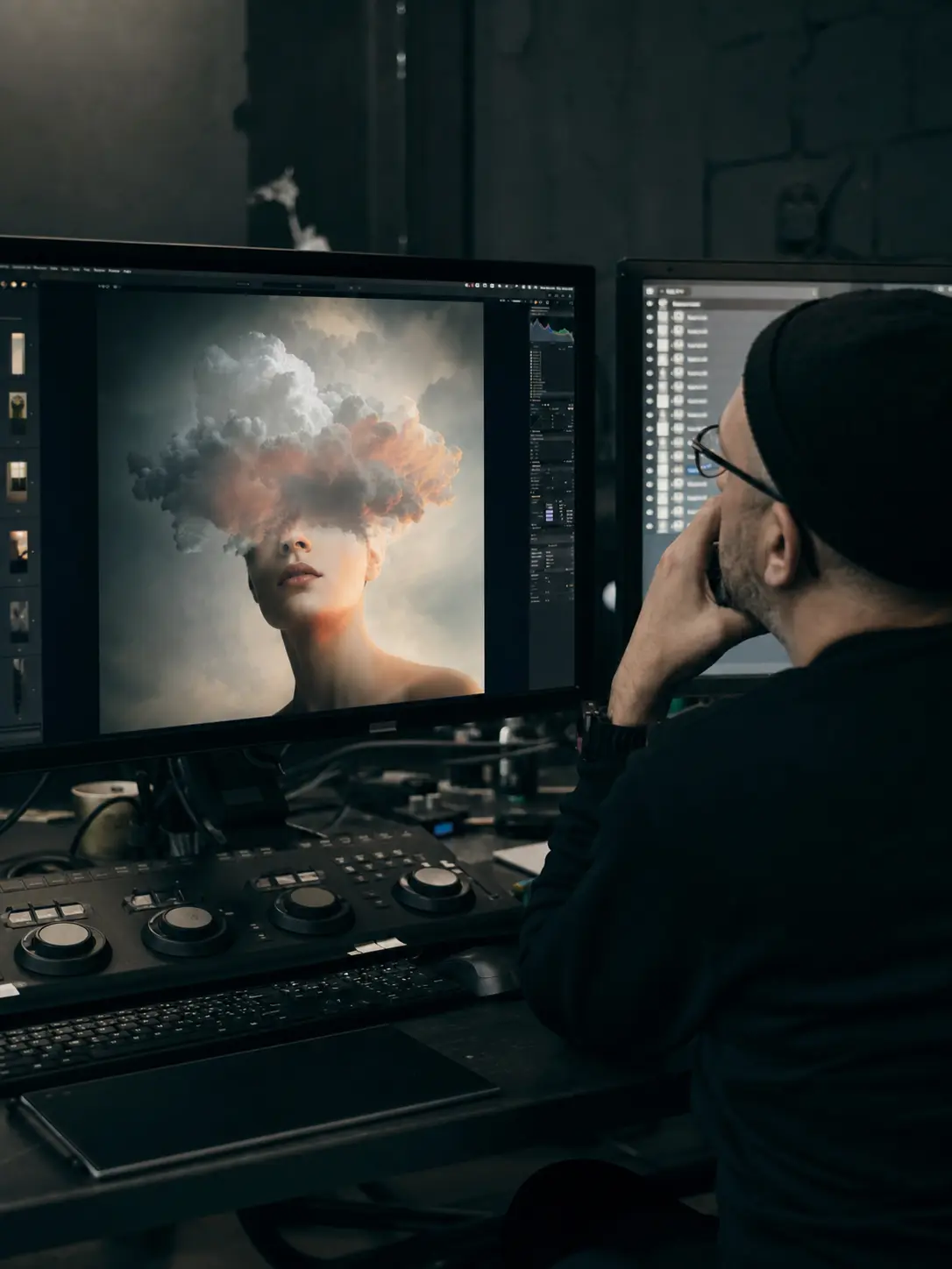 Photo editor at workstation retouching surreal portrait of woman with cloud covering her face on dual monitors