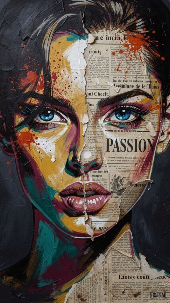 Colorful mixed-media portrait of a woman with bright blue eyes, paint splatters and torn newspaper collage titled PASSION