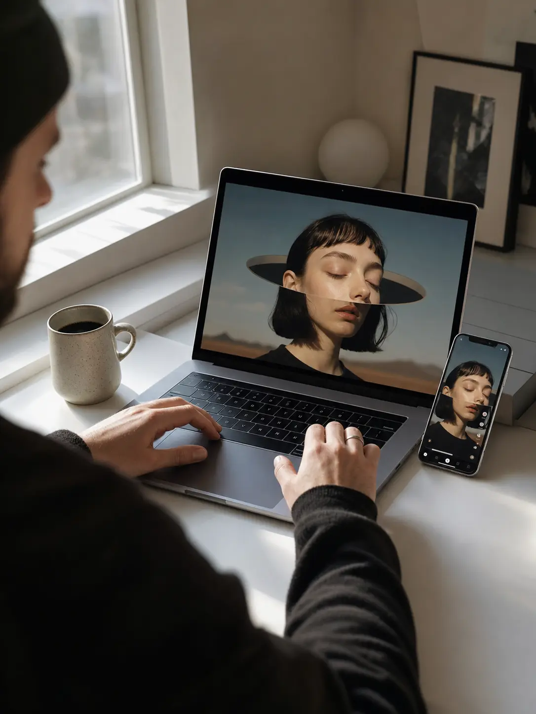 Designer editing surreal portrait on laptop and smartphone at bright desk workspace with coffee mug