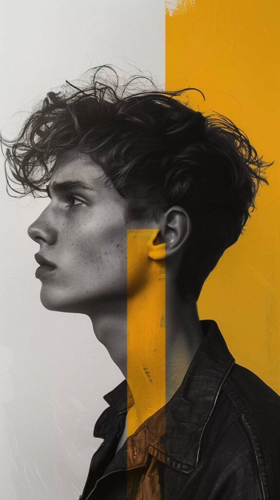 Editorial profile portrait of young man in black denim jacket, grayscale with bold vertical yellow paint stripe overlay