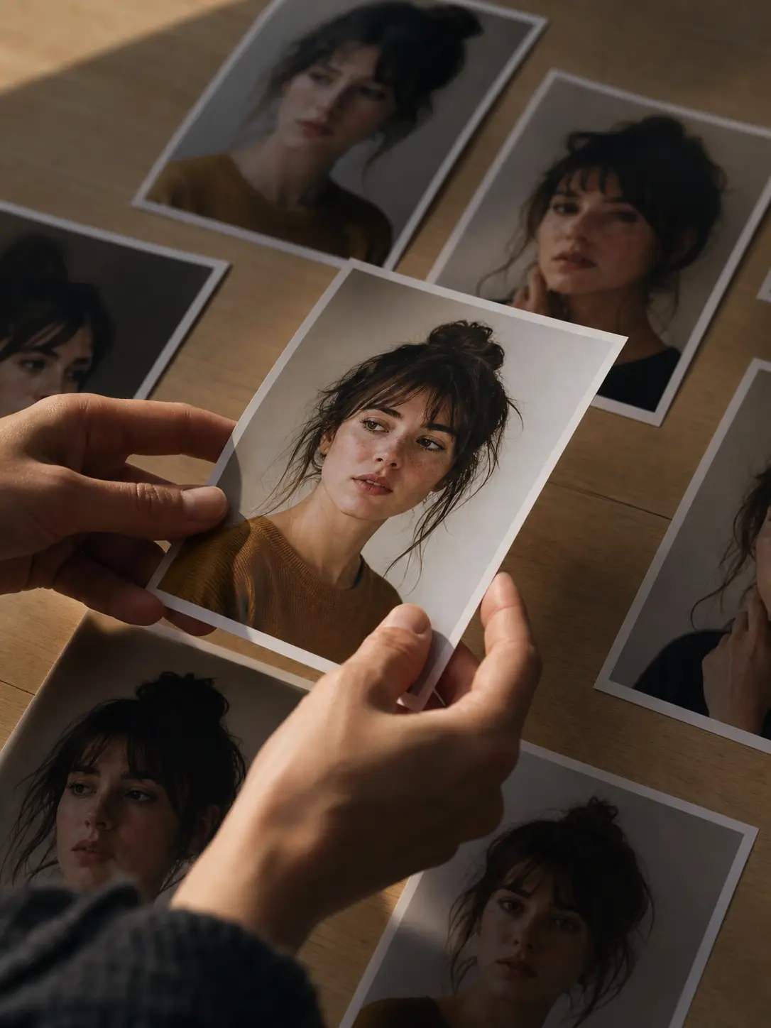 Hands holding portrait photography prints of a woman with messy bun, neutral expression, photos spread on wooden table