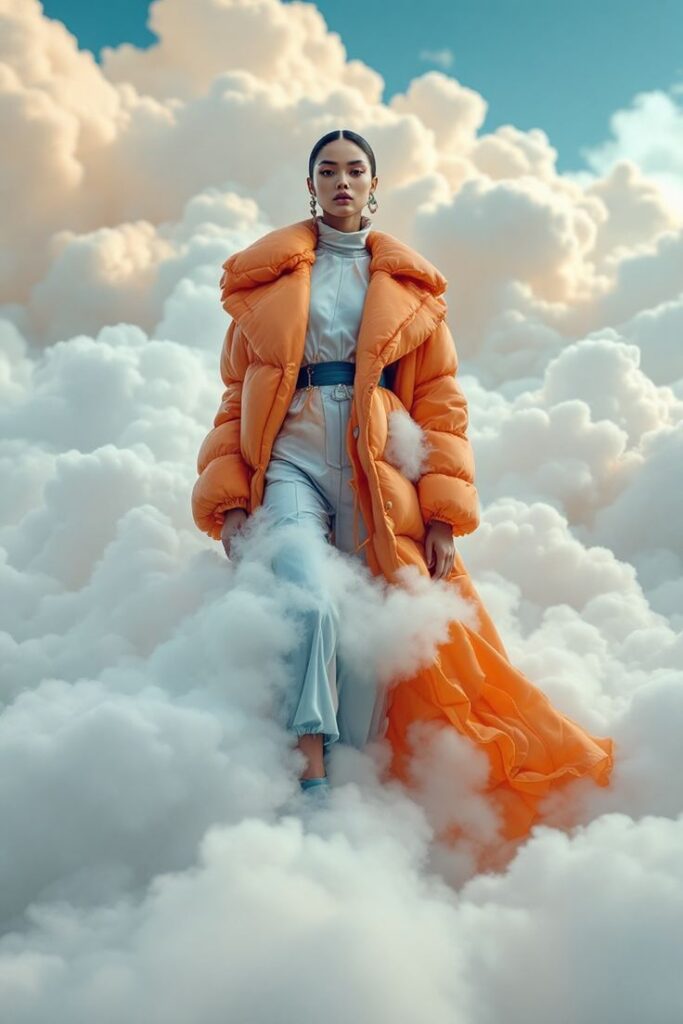 High-fashion woman in oversized orange puffer coat walking on fluffy clouds against pastel sky, surreal editorial photo