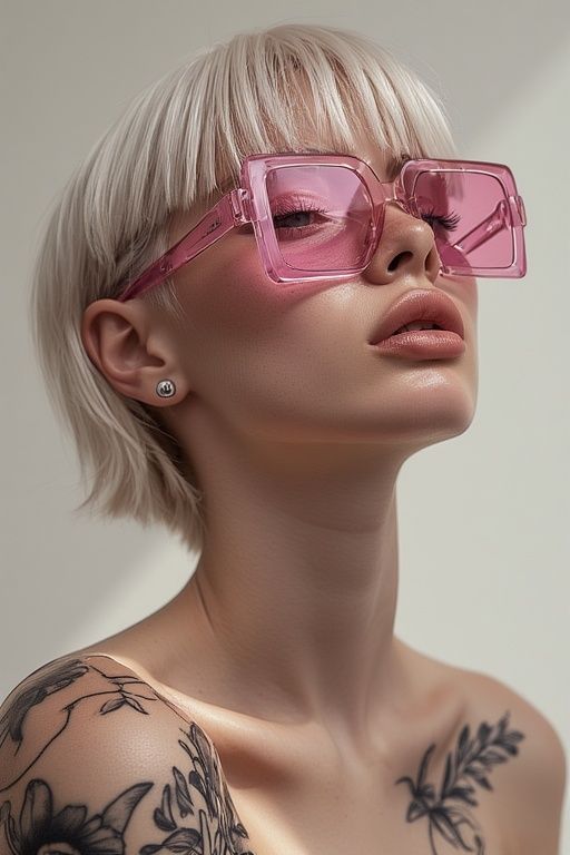 Fashion portrait of model with platinum bob wearing pink oversized square sunglasses and floral shoulder tattoos.