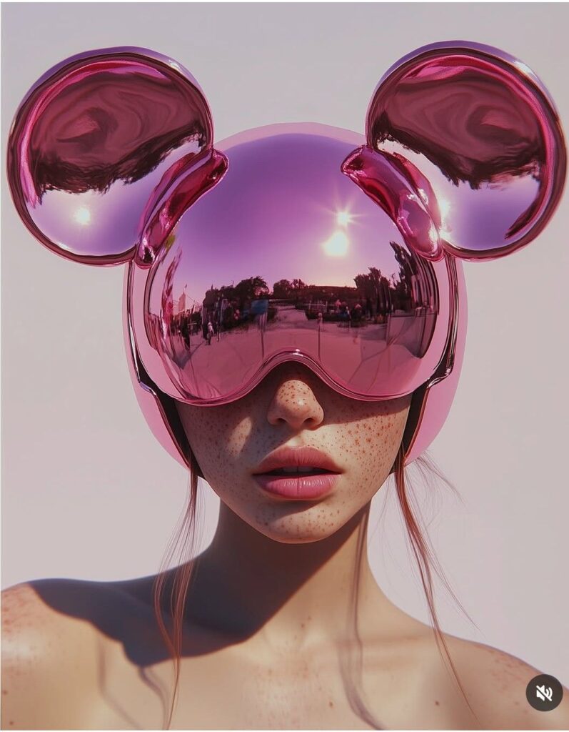 Freckled woman wearing glossy metallic pink Mickey-ear helmet with reflective mirrored visor — futuristic fashion portrait