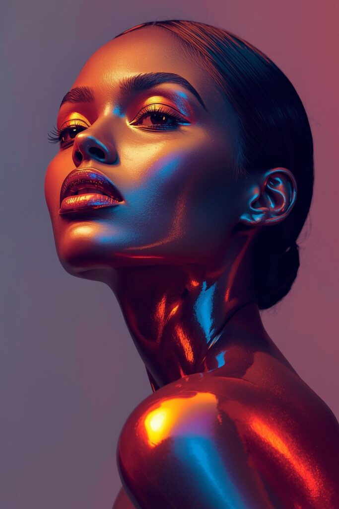 Metallic high-gloss beauty portrait of woman with neon blue and orange lighting — fashion makeup, beauty photography