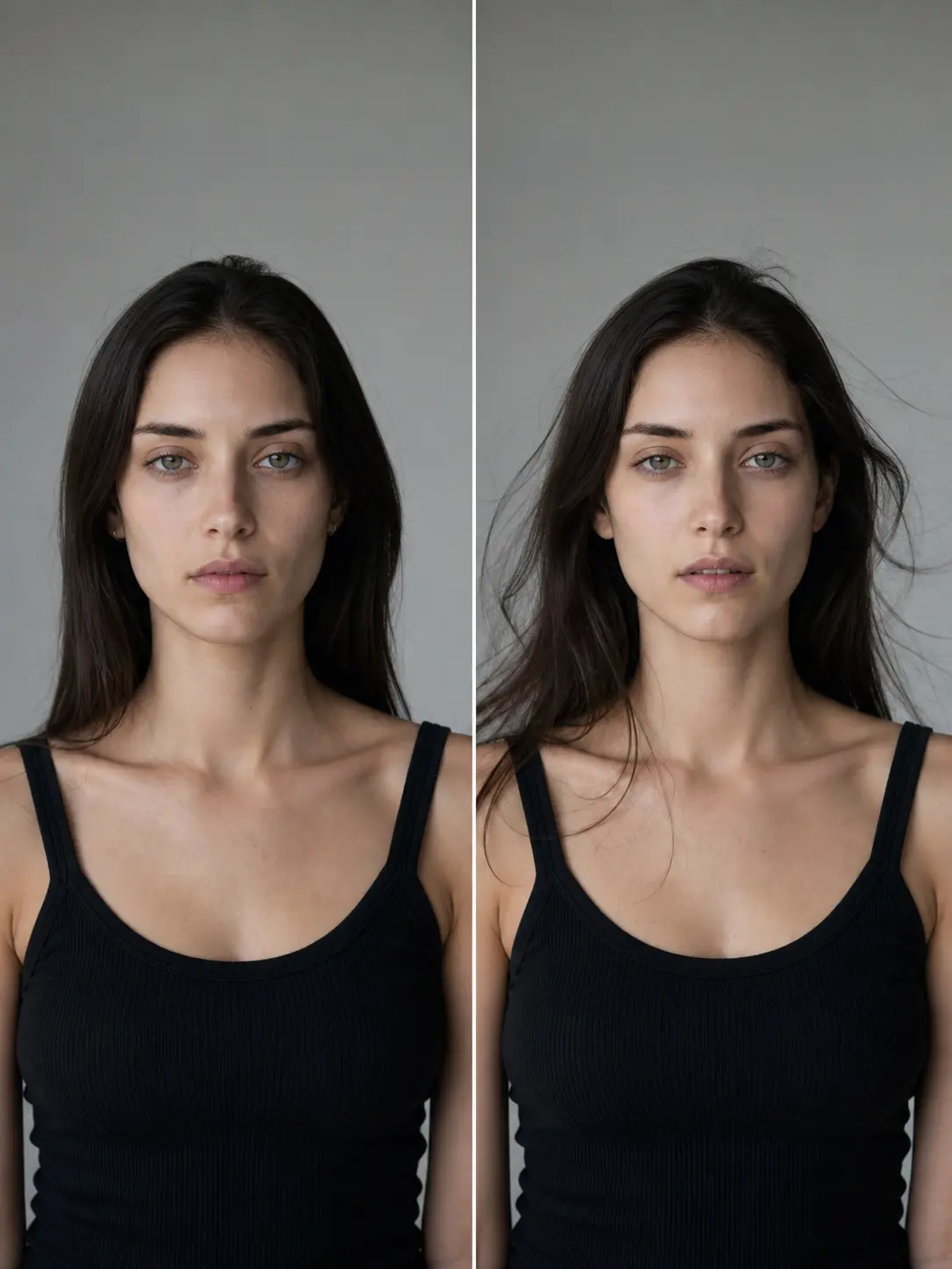 Portrait diptych of a young female model with long dark hair in a black tank top on a neutral gray background