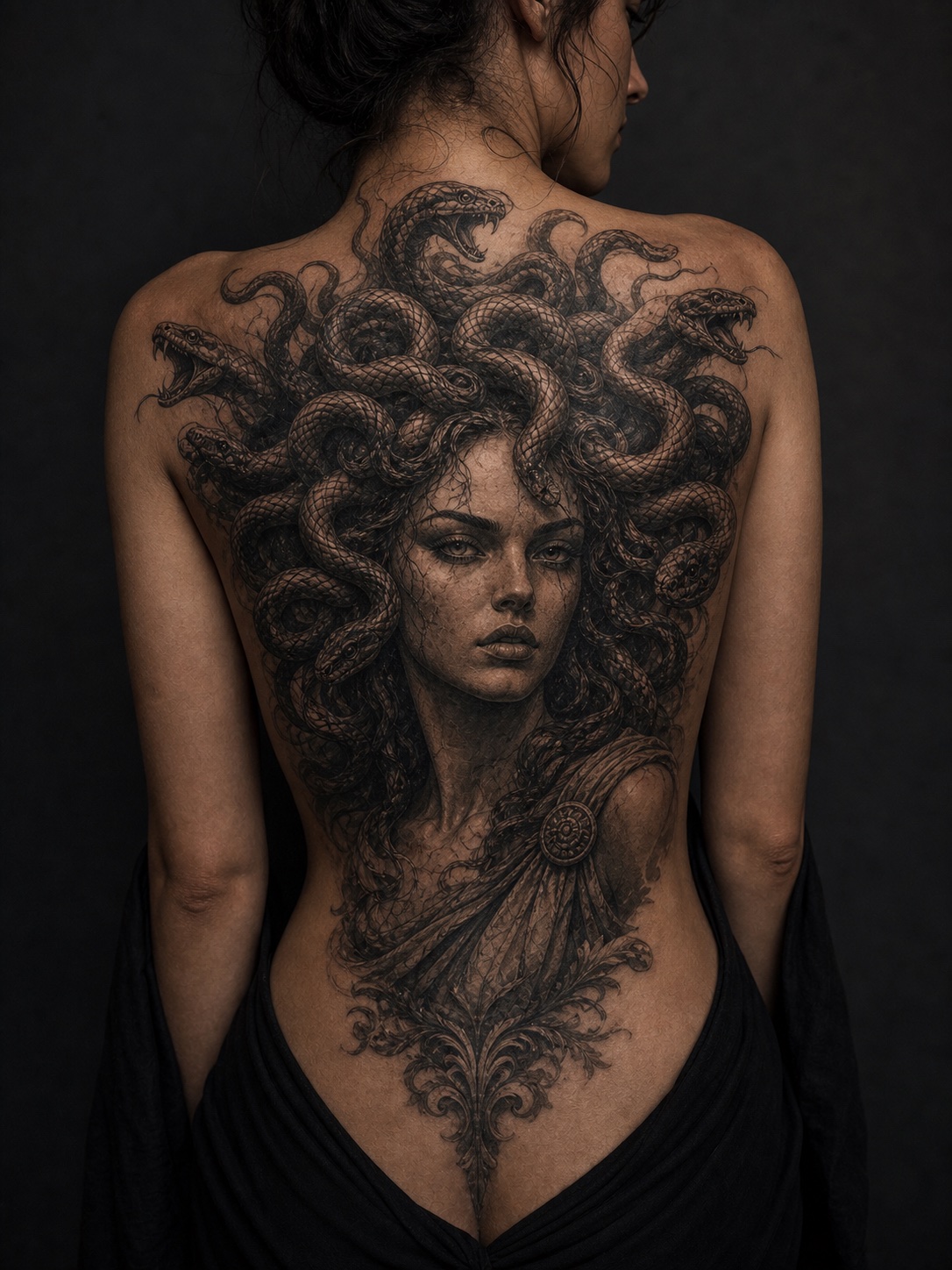Large full back Medusa tattoo with snake hair spreading across the upper back.