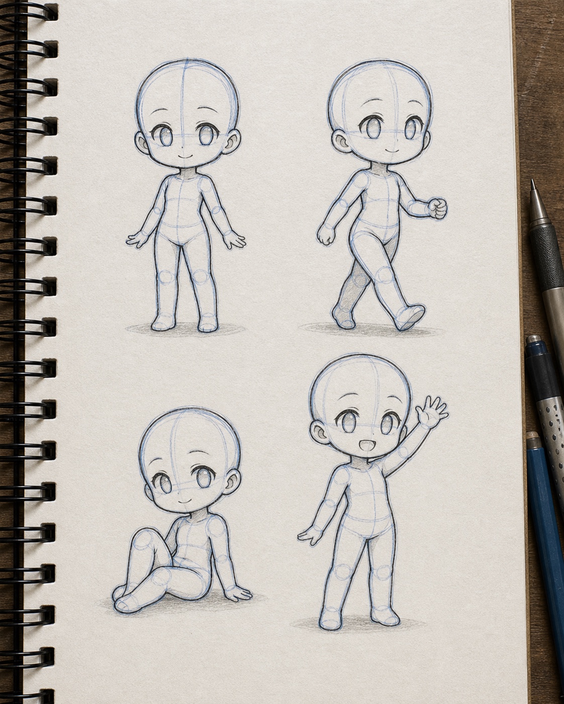Gacha base poses reference sheet with standing, walking, sitting, and waving chibi poses