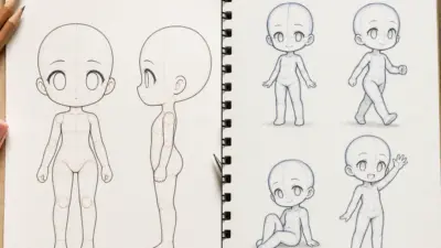 Chibi anime/manga character base reference: pencil sketches of front and side views plus four poses in spiral sketchbook