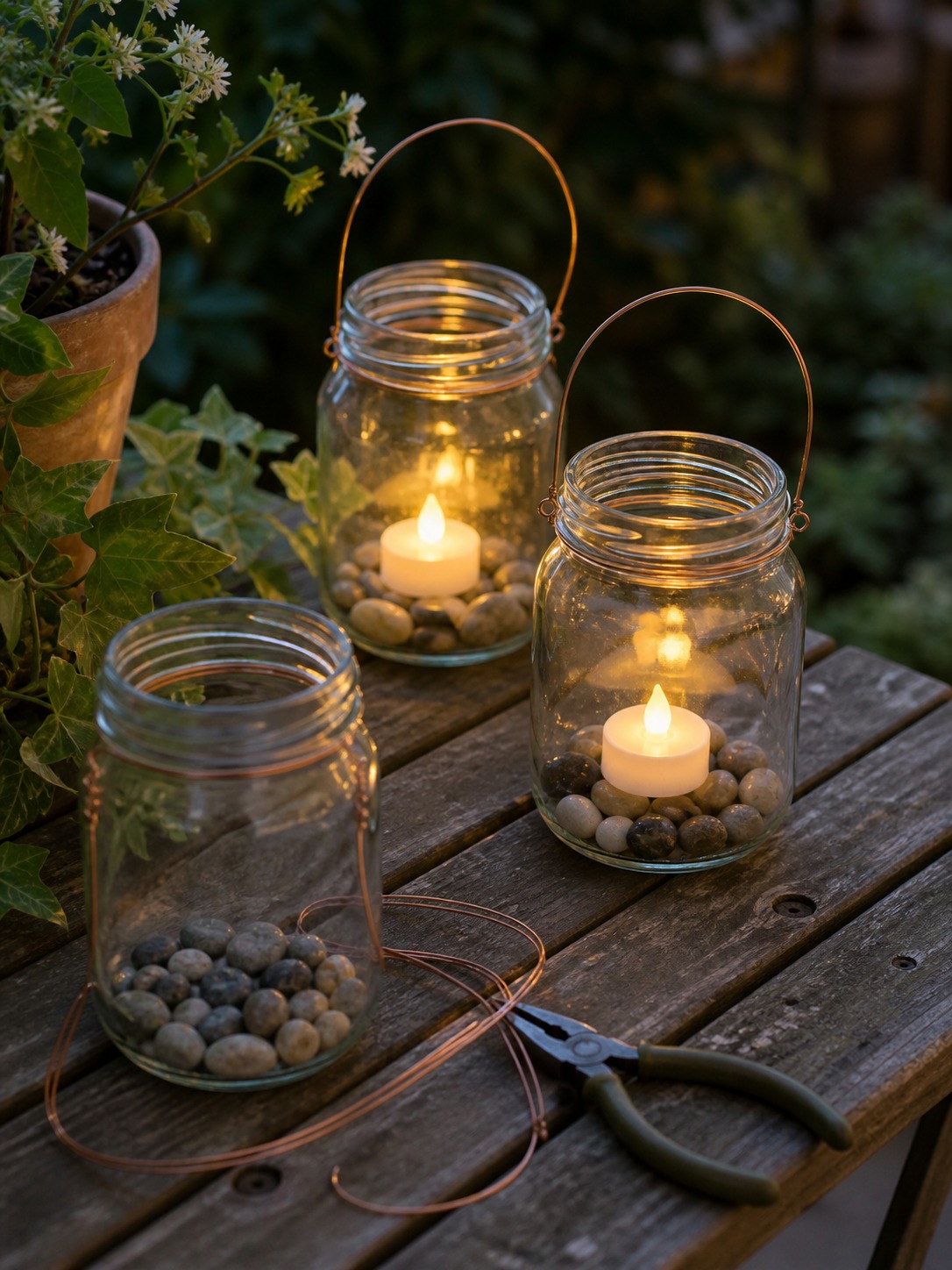 Garden lantern jars glowing on an outdoor table