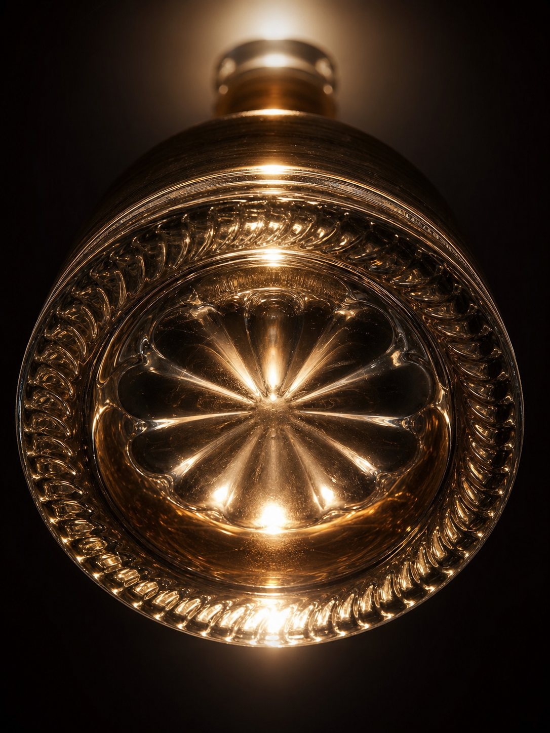 A luxury bottle viewed from below, showing a deep punt base refracting warm light into a starburst.