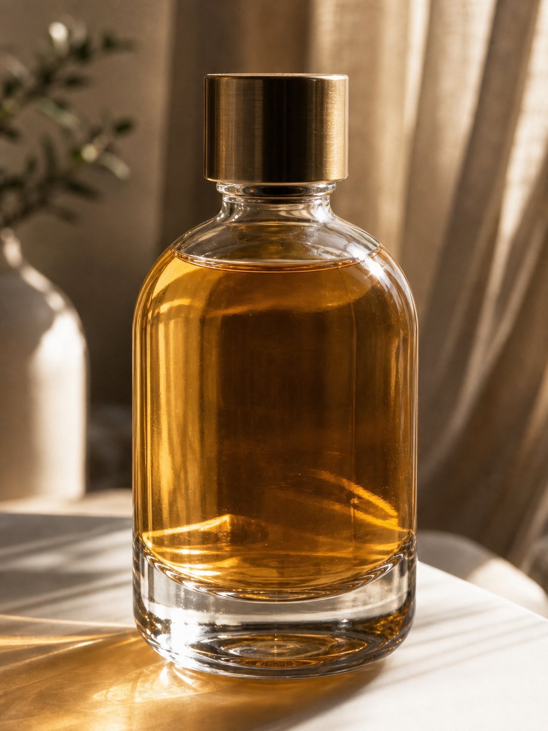 Golden liquid glowing inside a clear glass bottle as warm light refracts through the thick base.