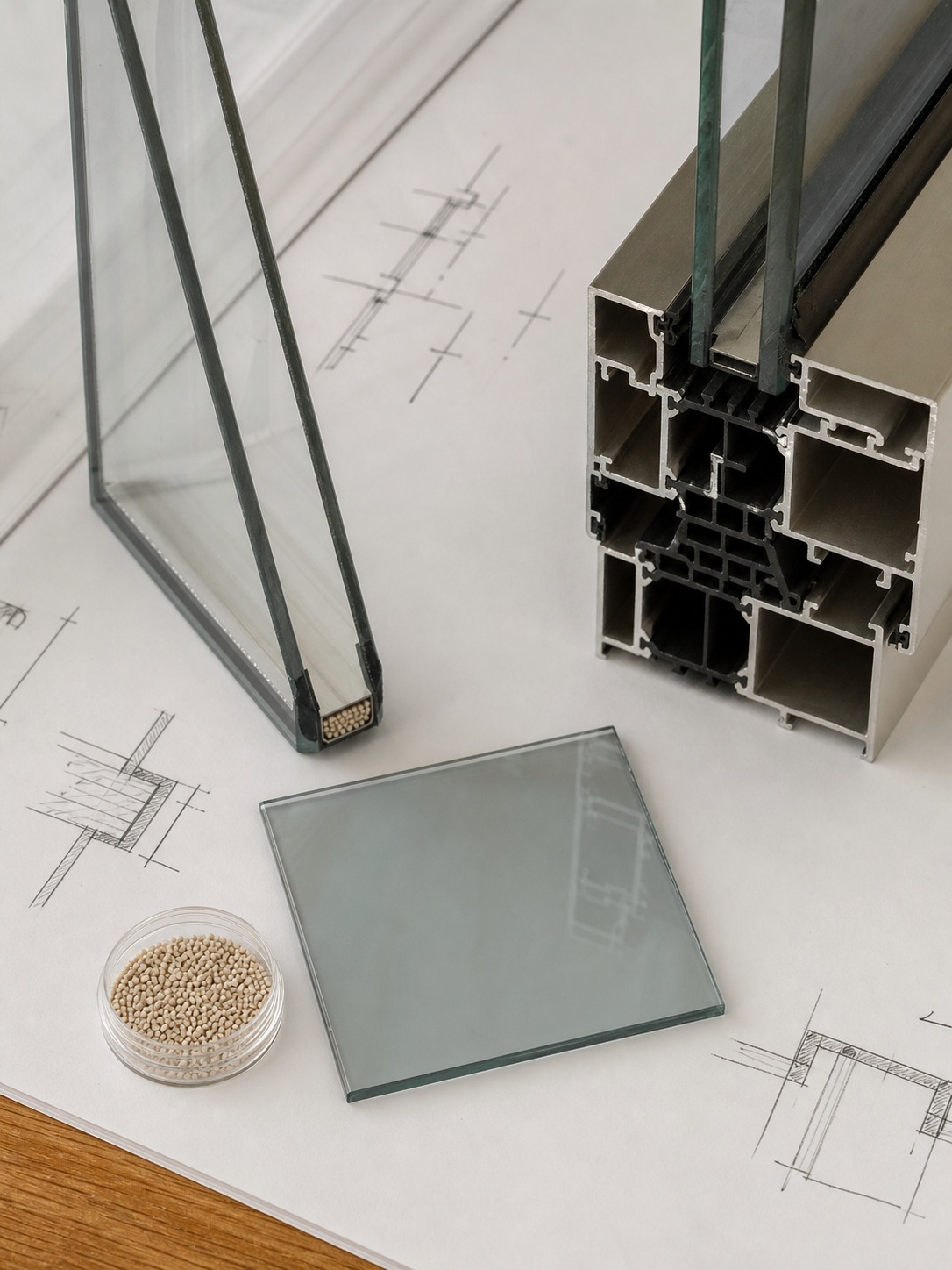 Flat lay of IGU sample, Low-E glass swatch, zeolite desiccant, and thermally broken frame profile.