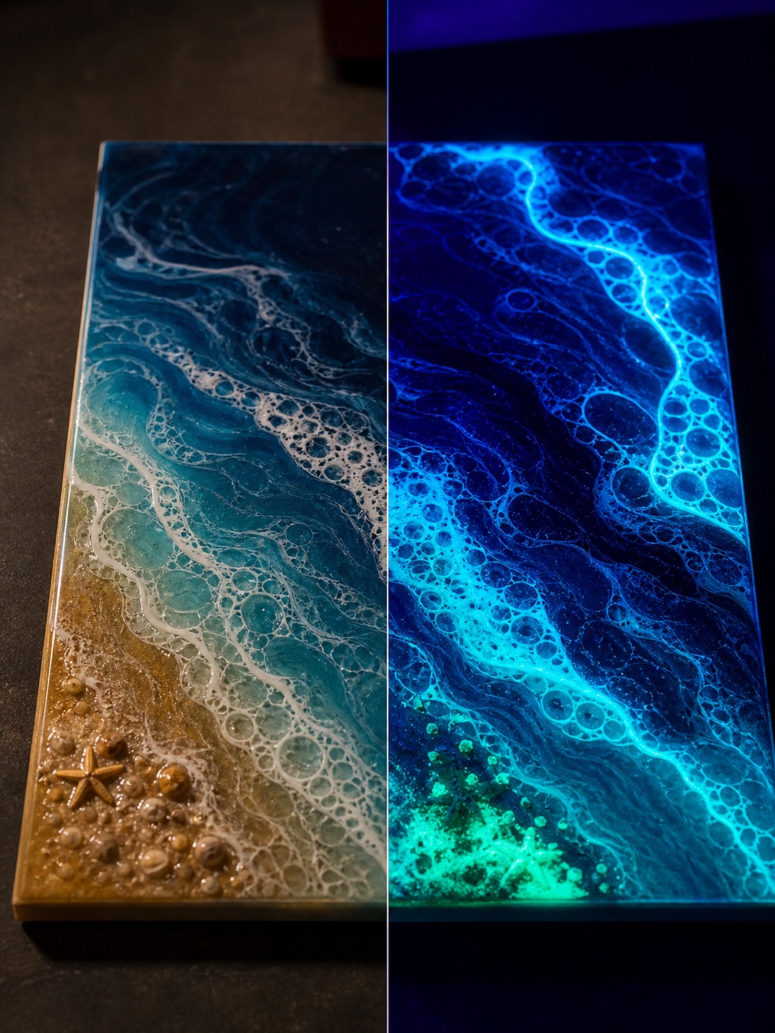 Split view of an ocean resin panel in normal light and glowing blue green under UV black light.