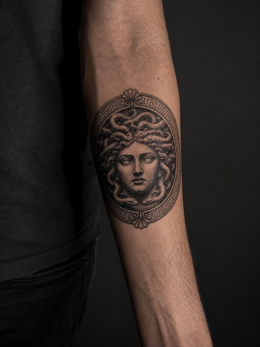 Forearm tattoo of a Medusa Gorgoneion amulet in black and grey ink.