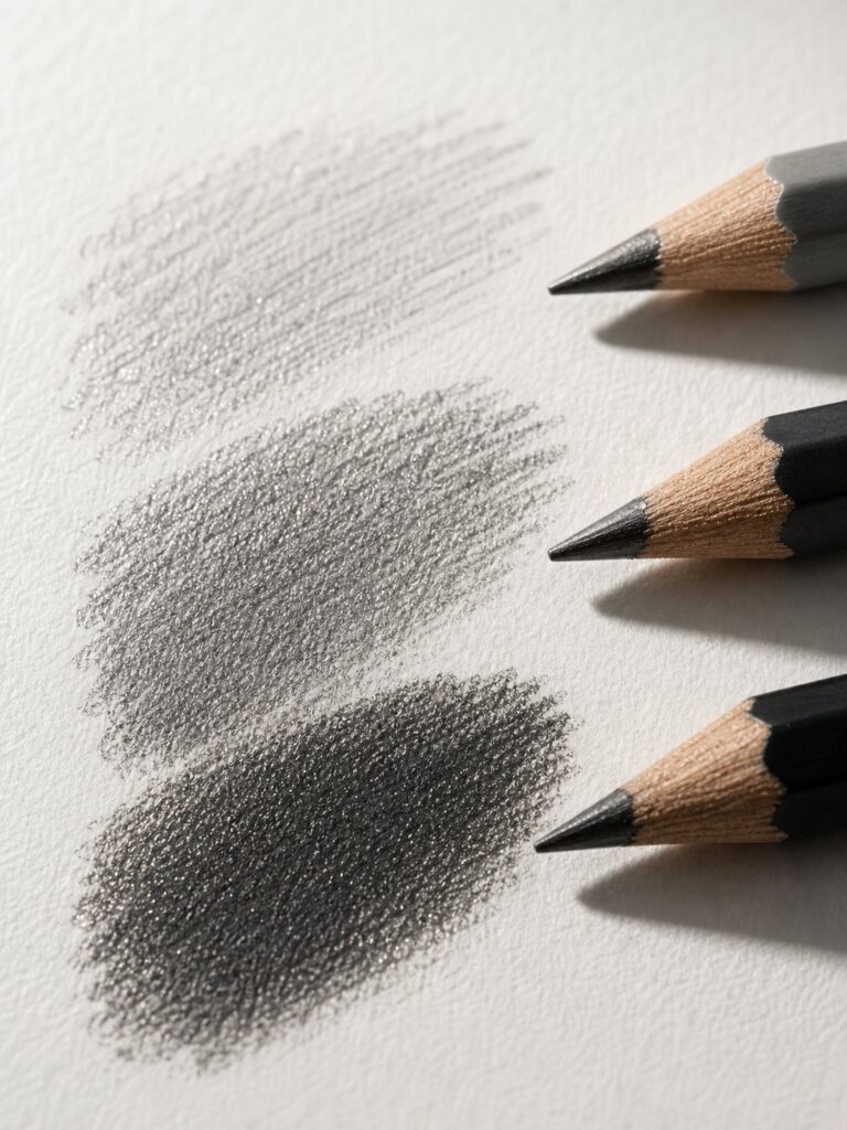 graphite-layering-technique-gradient Three graphite pencils with light, medium, dark shading swatches on textured sketch paper | Sky Rye Design Three graphite pencils with light, medium, dark shading swatches on textured sketch paper