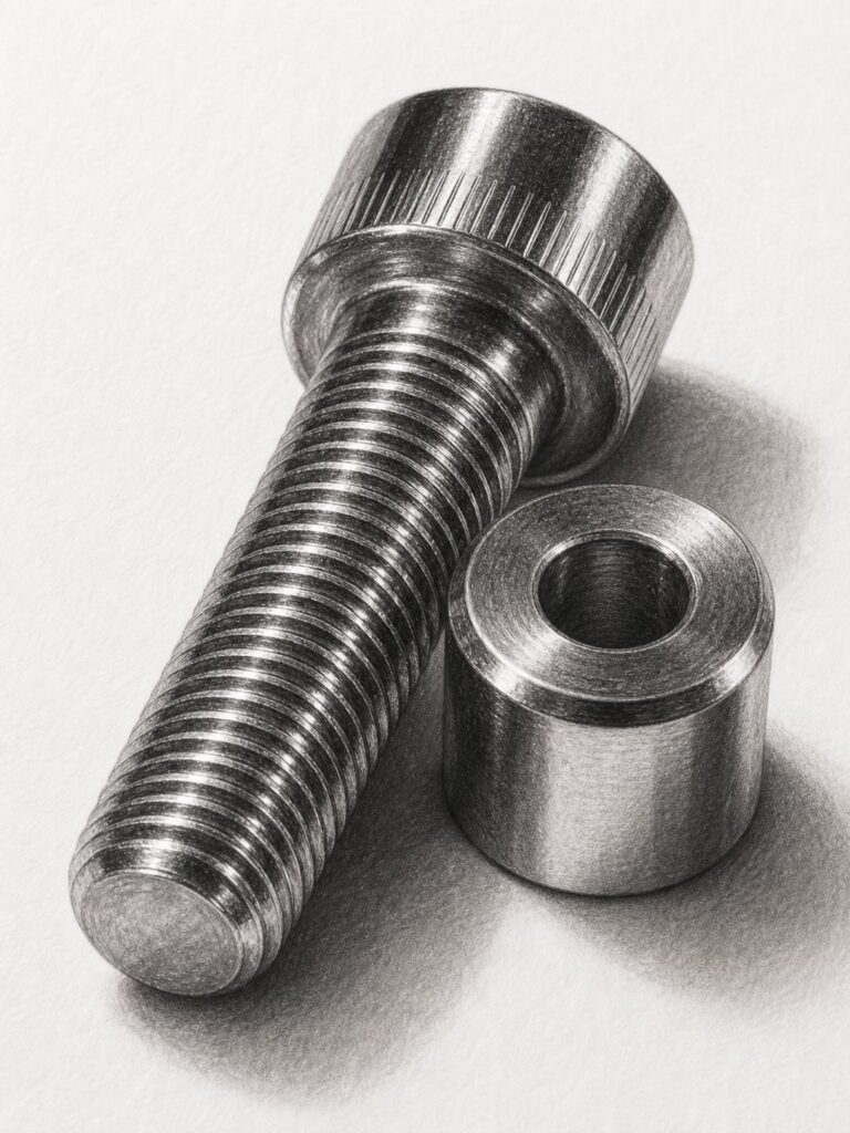 graphite-metal-object-specular-highlights Close-up stainless steel socket-head cap screw and cylindrical spacer on white background, detailed metal texture and threads | Sky Rye Design Close-up stainless steel socket-head cap screw and cylindrical spacer on white background, detailed metal texture and threads