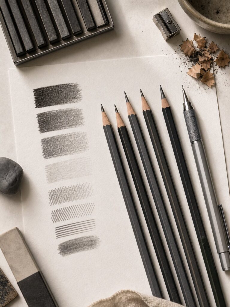 graphite-pencils-and-mechanical-pencil-flat-lay Graphite drawing supplies: pencils, mechanical pencil, shading swatches, sharpener and eraser for sketching | Sky Rye Design Graphite drawing supplies: pencils, mechanical pencil, shading swatches, sharpener and eraser for sketching