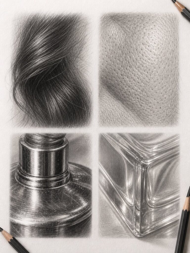 graphite-texture-reference-hair-skin-metal-glass Photorealistic pencil texture study: hair, skin pores, metal bottle cap, glass corner in four panels | Sky Rye Design Photorealistic pencil texture study: hair, skin pores, metal bottle cap, glass corner in four panels