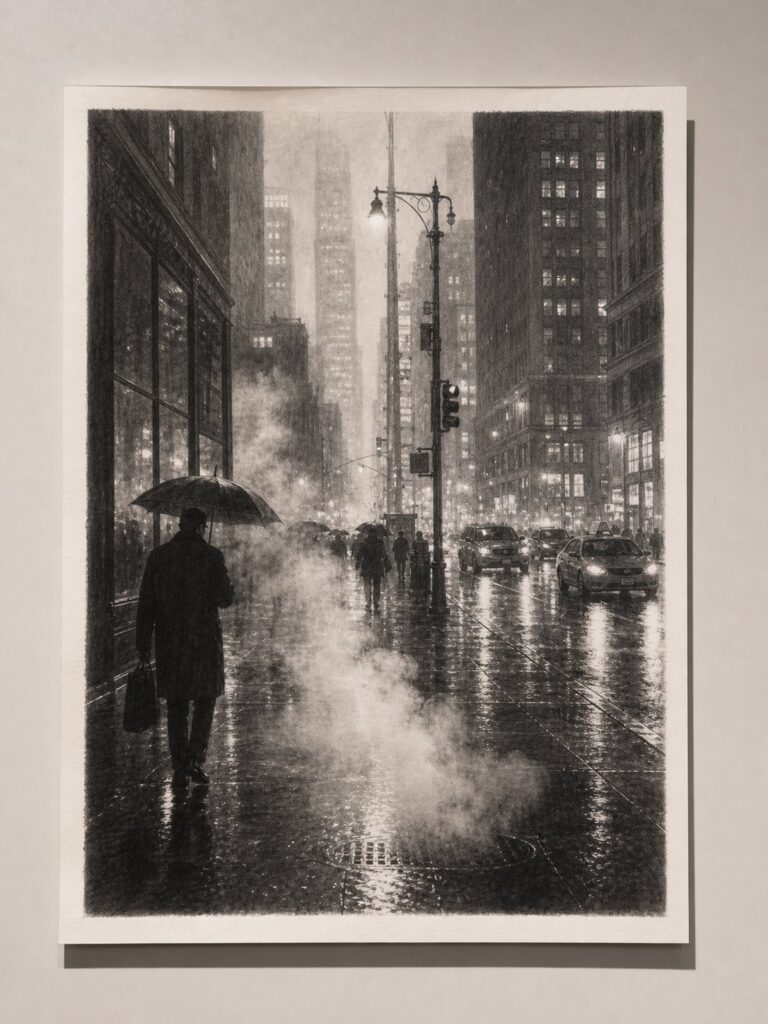 graphite-urban-scene-water-steam-study A rainy urban street at night; a man carries an umbrella and a bag while steam rises from the sidewalk and cars pass nearby, tall buildings in the background. | Sky Rye Design A rainy urban street at night; a man carries an umbrella and a bag while steam rises from the sidewalk and cars pass nearby, tall buildings in the background.