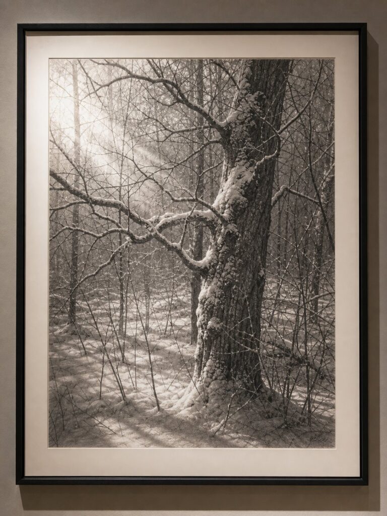 graphite-woodland-winter-detail-study Framed black-and-white photograph of a snow-covered gnarled tree in a quiet winter forest, gallery wall display | Sky Rye Design Framed black-and-white photograph of a snow-covered gnarled tree in a quiet winter forest, gallery wall display