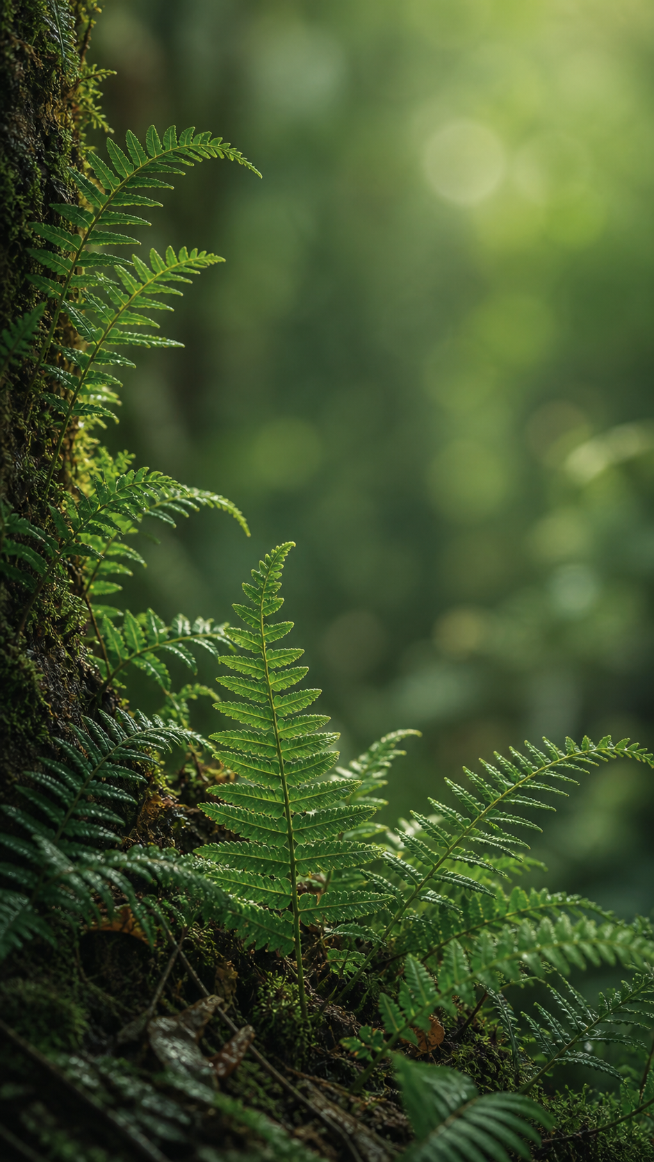Green nature wallpaper estetik with fern leaves, dew, moss, and soft forest light.