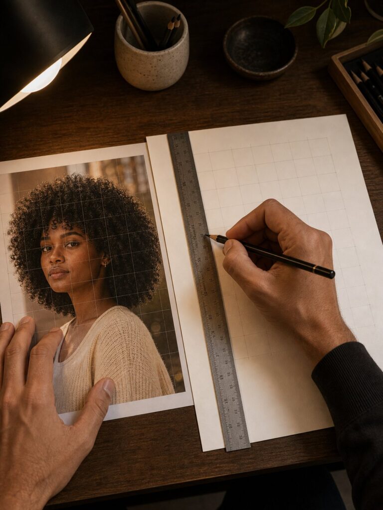 grid-method-proportion-transfer-drawing Portrait grid transfer: artist tracing a photo of a woman with curly hair using a ruler and pencil on a wooden desk. | Sky Rye Design Portrait grid transfer: artist tracing a photo of a woman with curly hair using a ruler and pencil on a wooden desk.