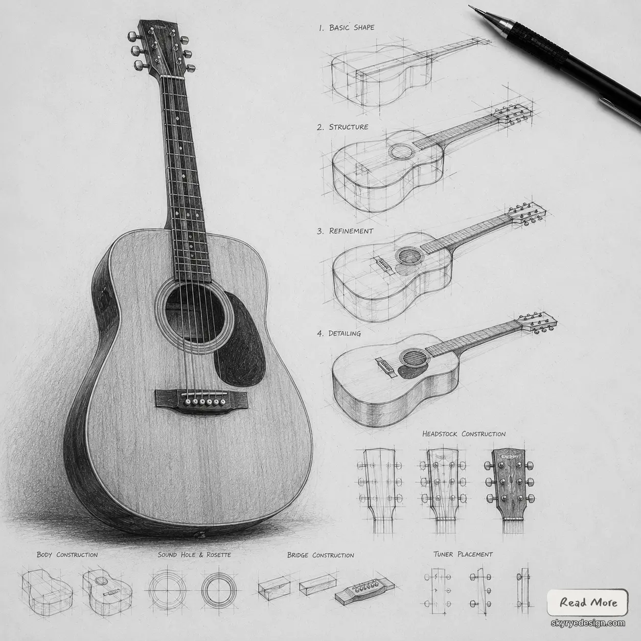 guitar-drawing-easy Easy guitar drawing reference with acoustic guitar construction sketches, headstock, bridge, sound hole, and string placement. | Sky Rye Design Easy guitar drawing reference with acoustic guitar construction sketches, headstock, bridge, sound hole, and string placement.