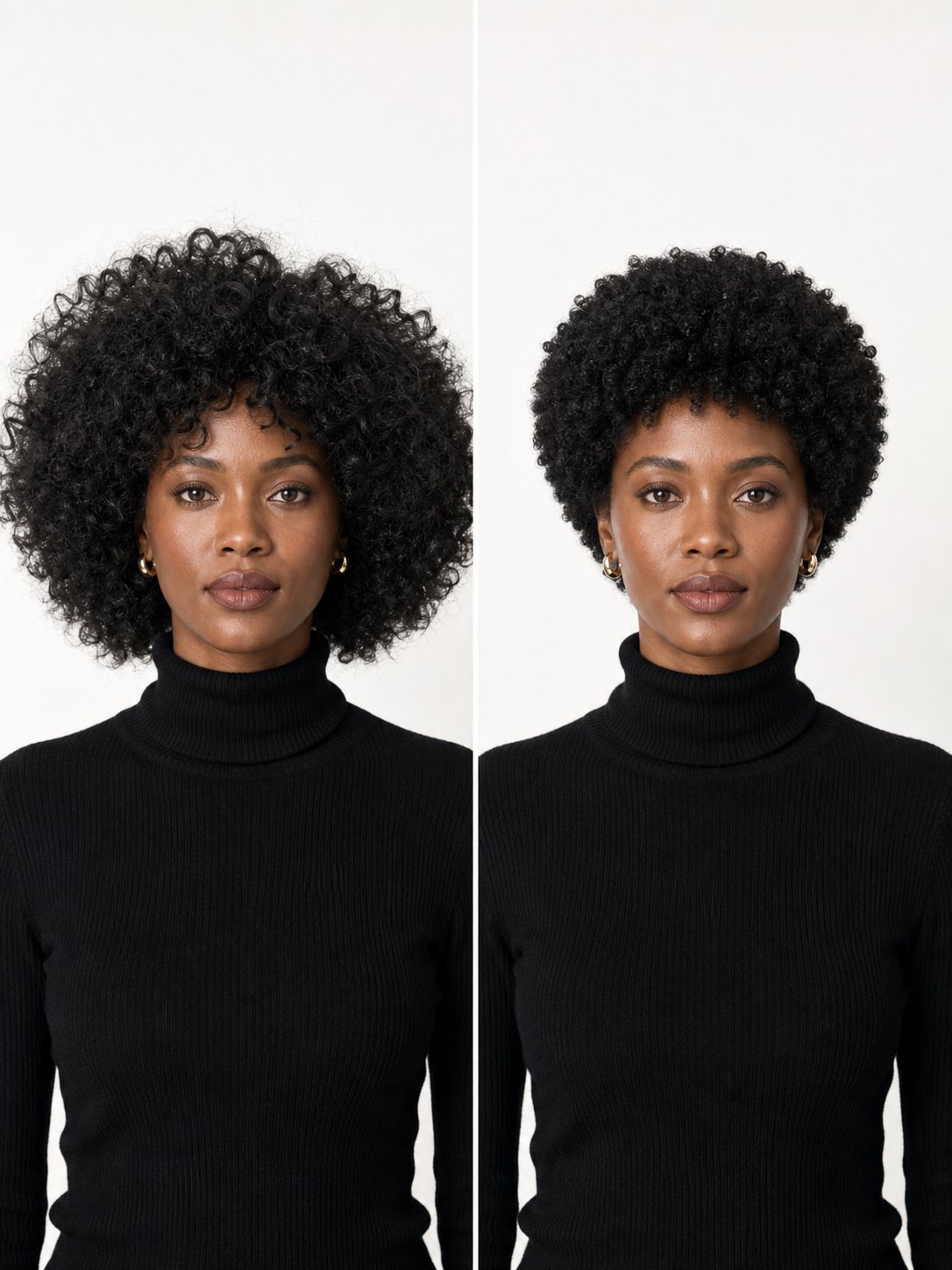 Side-by-side portrait comparing a wide curly afro wig silhouette with a compact kinky curly wig silhouette.