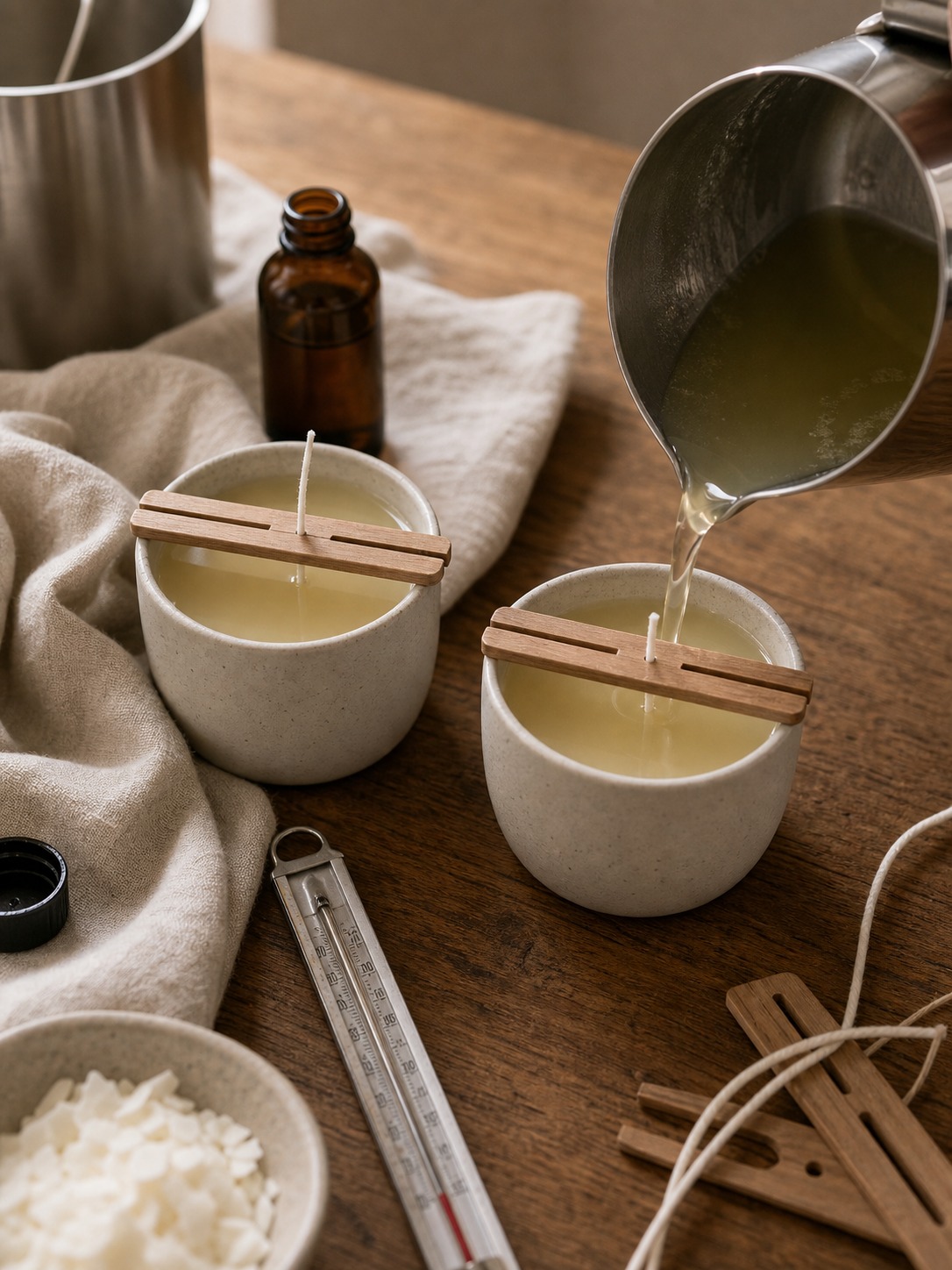 Handmade soy candles being poured on a wooden table