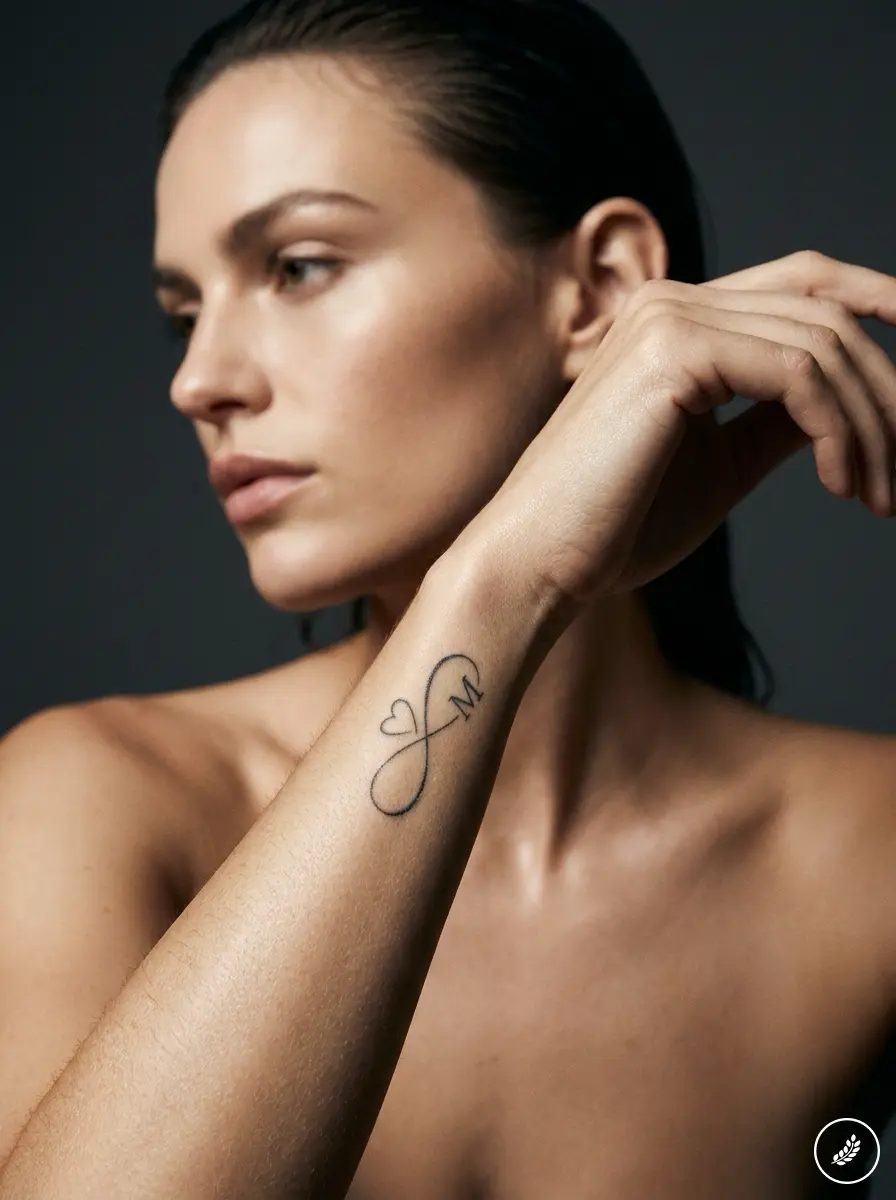 Close-up of woman with minimalist infinity heart wrist tattoo featuring letter M, neutral beauty portrait