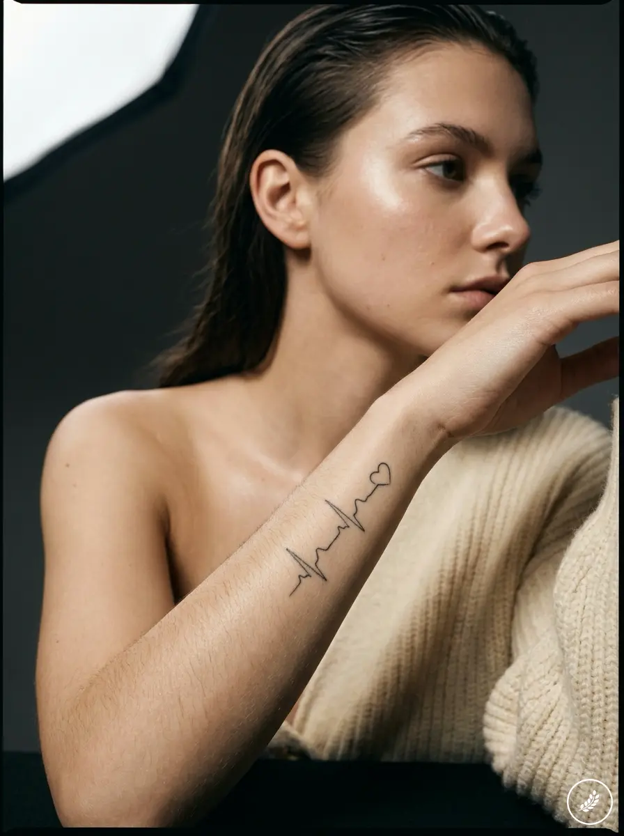 Close-up of woman with minimalist heartbeat line tattoo ending in a heart on her inner forearm